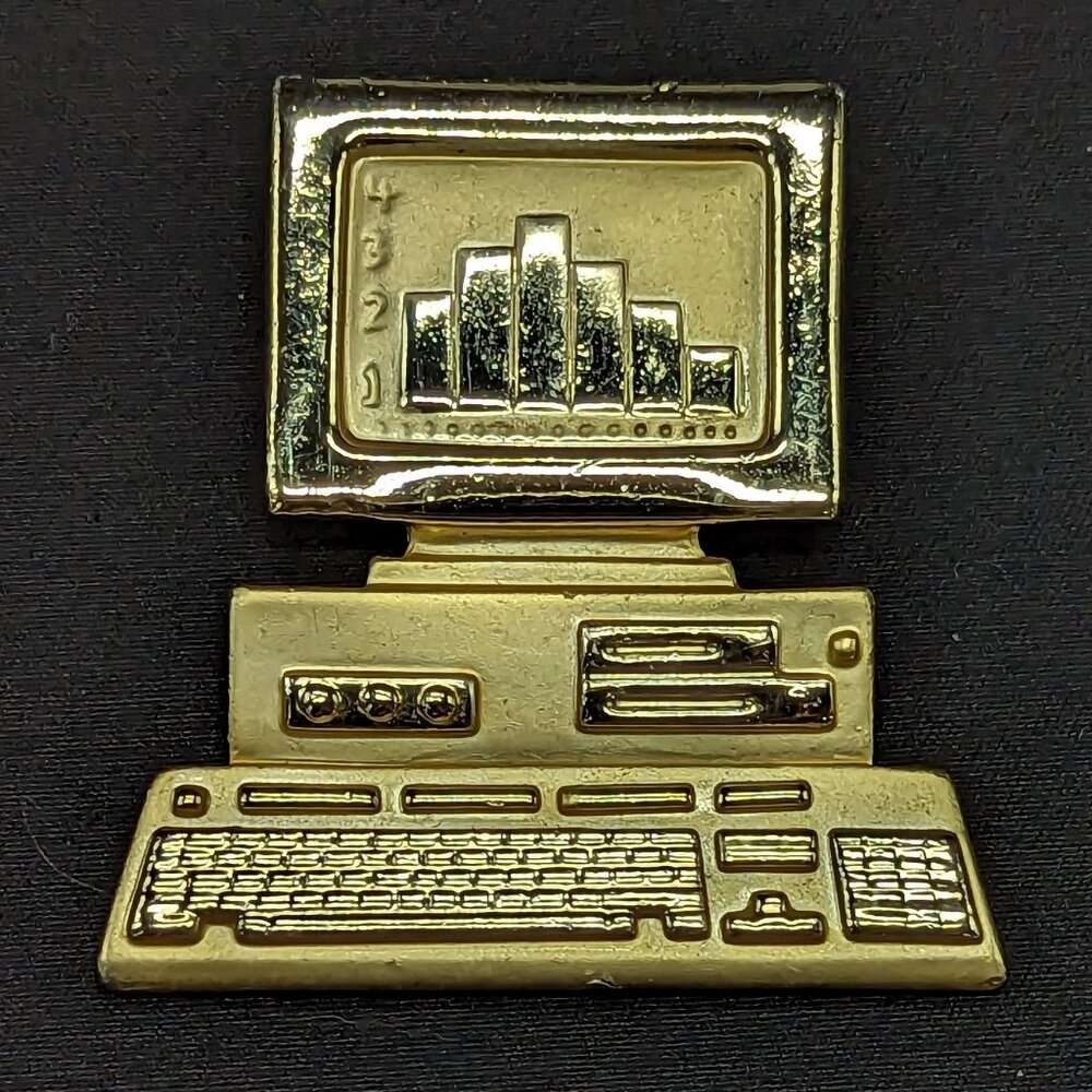 Vintage Signed AJC Gold-Tone Computer Brooch Pin Keyboard & Bar Graph Design